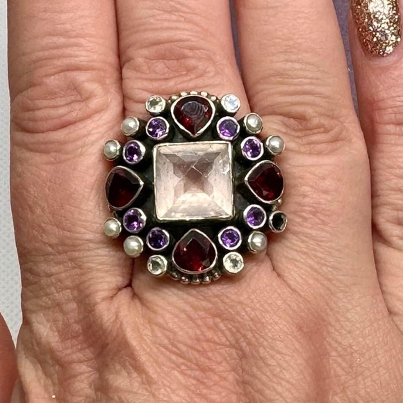 Chunky Vintage Sterling Silver Designer Multigemstone Ring - Picture 4 of 6